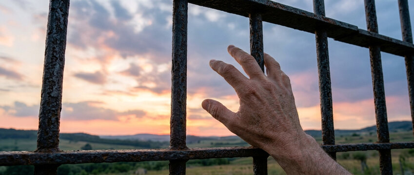 Hand reaching through prison bars towards a sunset sky symbolizing hope and longing for freedom
