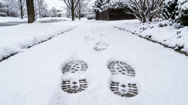 Footprints in fresh snow on suburban sidewalk winter season quiet street