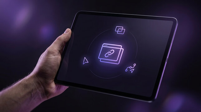 Hand holding a modern tablet displaying glowing link building and SEO icons for digital marketing connectivity and web development concepts in dark room
