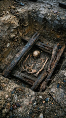Fototapeta premium Human Skeleton Unearthed in Ancient Wooden Coffin During Archaeological Dig