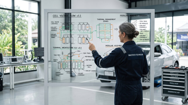 Electric vehicle technician reviews detailed battery system diagram, pointing toward thermal management and modular assembly plans bright.