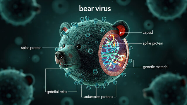 Bear virus 3D medical illustration, stylized viral particle shaped like bear head, cross section view showing capsid, spike proteins and genetic material, scientific diagram