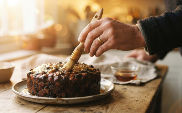 Elderly man brushing glaze on a traditional fruitcake on a rustic kitchen table for Christmas preparation concept