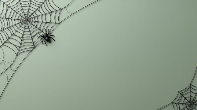 Sage green flat lay background with intricate spider webs and black spider accent for seasonal halloween party decor.