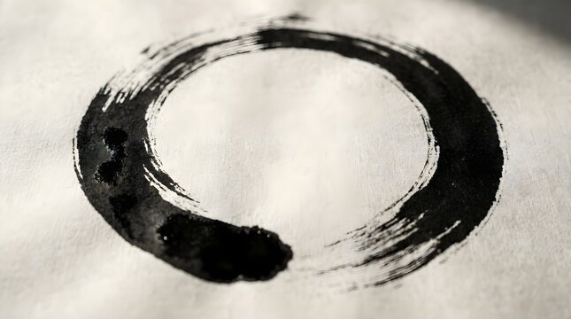Calligraphy brush strokes forming a circle on rice paper
