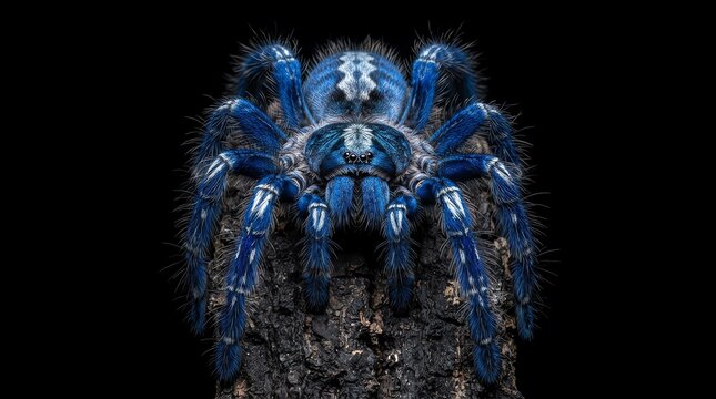 Blue tarantula spider on dark wood background