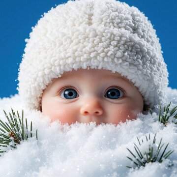 Cute baby face peeks through fresh white snow. Small child wears fluffy white winter hat. Blue background creates cold season mood. Adorable infant looks at camera with big blue eyes. Little kid