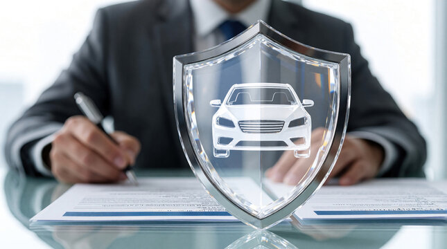 Businessman signs auto insurance policy documents at office desk. Transparent glass shield with car icon protects vehicle. Pro man handles car protection contract for driver safety, legal coverage in