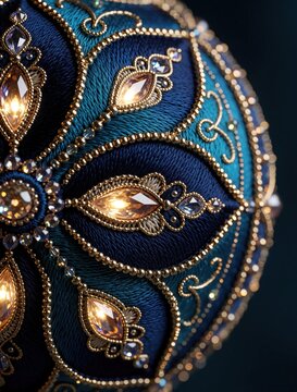 Close up of blue lantern with ornate gold beadwork, glowing lights. Intricate decorative patterns on fabric surface. Elegant festive lamp shines with warm amber illumination for holiday decor