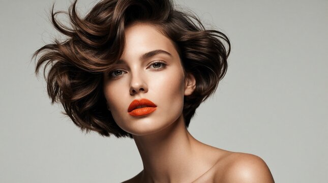 Beautiful young woman with short wavy brunette hair poses for beauty portrait. Stylish model wears bright orange lipstick, glowing makeup. Close up face shot shows perfect skin, elegant hairstyle in