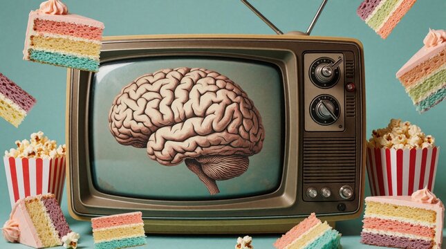 Human brain displayed on old vintage television screen. Colorful cake slices, popcorn buckets float around retro tv set. Surreal collage concept about media influence, mental health, mind stimulation
