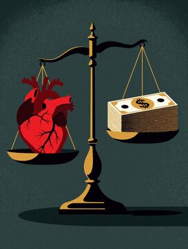 Human heart weighs against stack of cash on golden scale. Concept of life vs money health vs wealth. Choice between physical wellbeing, financial gain. Illustration shows balance between biological