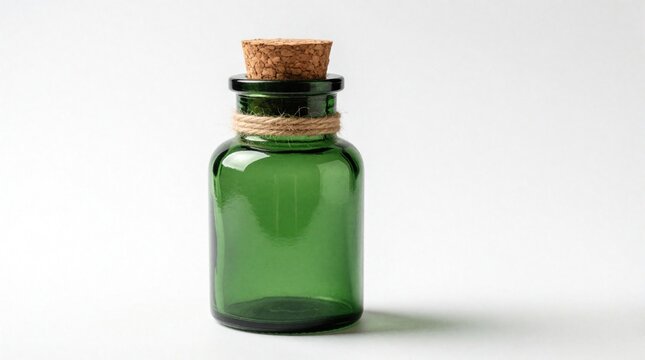 Green glass bottle with cork stopper, twine string. Small empty apothecary jar for herbal medicine, essential oils liquid storage. Minimalist vintage container stands on white background for eco