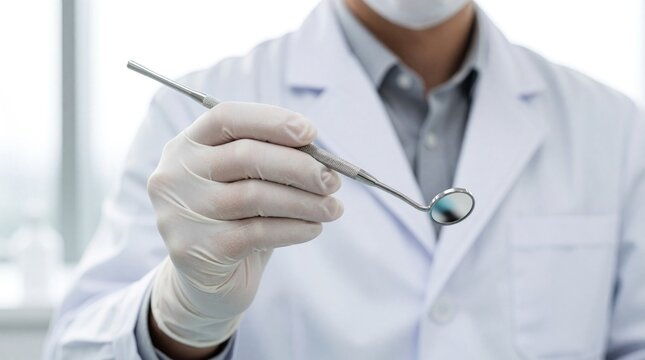 Pro dentist in white coat holds dental mirror with gloved hand. Medical practitioner prepares metal instrument for oral examination in bright modern clinic. Specialist ready to provide teeth hygiene