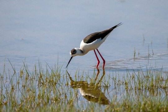 Black winged avocet bird wades in shallow water among green grass. Shorebird searches for food in marsh wetland. Long thin beak, bright red legs visible. Wildlife animal stands in nature lake coastal