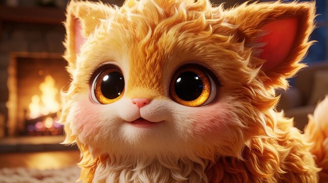 Adorable fluffy ginger kitten with big expressive eyes looks forward. Cute fantasy creature sits near warm fireplace in cozy room. Magical small animal character soft golden fur. Whimsical digital