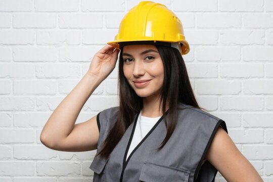 Confident young female construction worker wears yellow hard hat, grey safety vest. Smiling woman adjusts headgear against white brick wall. Pro lady in industrial uniform ready for engineering work