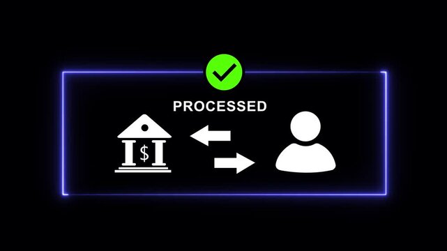 Digital financial transaction process animation featuring bank and user with a green success checkmark symbol for seamless online banking, secure payment verification, and fintech interface
