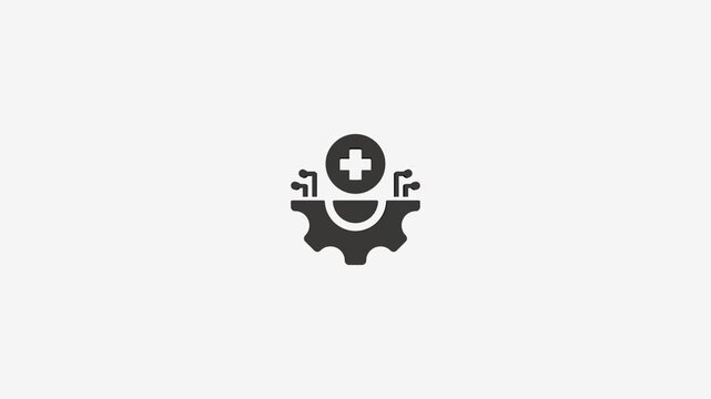Medical technology gear icon with plus sign and circuits on gray background motion graphic.