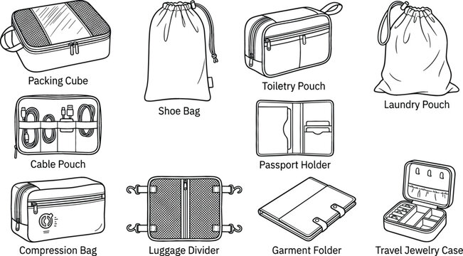 Travel Luggage Accessories and Suitcase Packing Organizer Icon Set Featuring Packing Cubes Cable Pouch Garment Folder Shoe Bags and Toiletry Cases Line Art Vector Illustrations