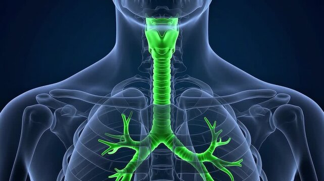 3D Medical Illustration of Human Respiratory System Highlighting Larynx Trachea and Bronchial Tree on Translucent Anatomical Male Model