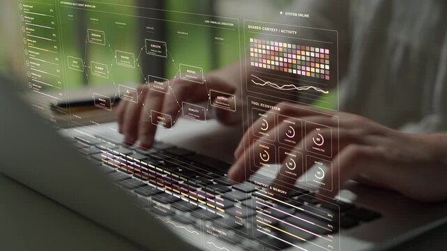 Hands type on a laptop. Parallel AI workstreams connect planning, task routing and execution, with synchronization and validation before results move toward delivery.