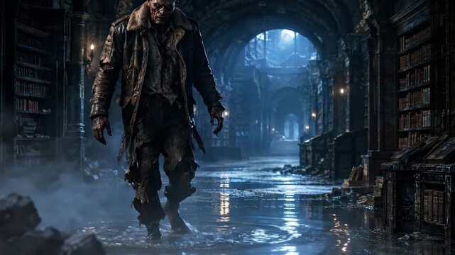 Scary zombie walking through dark abandoned library with misty