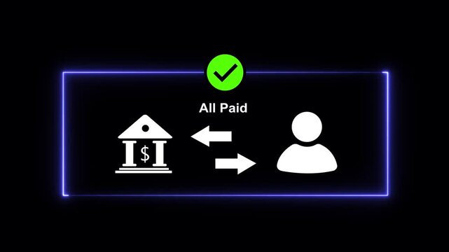 Financial transaction success concept featuring bank and user with all paid status confirmation and glowing blue neon border frame for modern digital banking, e-commerce, and payment processing