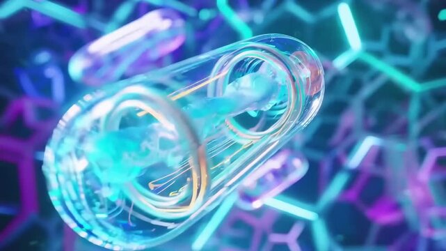 Futuristic video concept of a glowing capsule, close-up angle, with neon hexagonal backdrop.