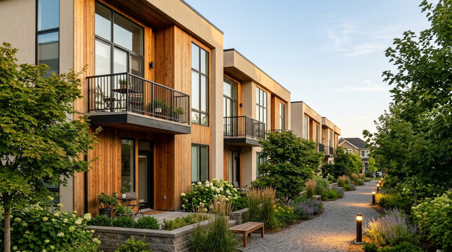 A row of contemporary townhouses featuring stylish wooden panels and dark metal balconies stands proudly beside a charming stone pathway surrounded by lush green trees during the late afternoon