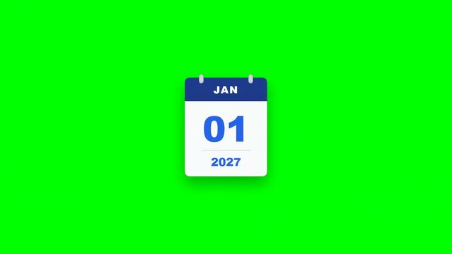 3D calendar flipping from December 31 2026 to January 1 2027 on green screen chroma key background for new year countdown and holiday event transition concepts