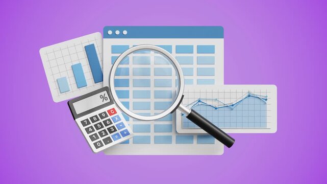 Finance report with graph charts. Financial analysis and planning, accounting, budgeting, business performance, financial statement, data Analysis, calculator and magnifying glass. 3d video animation