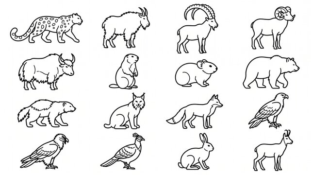 Mountain animal line art icons set, 16 wild fauna vector outlines, black and white wildlife illustration collection