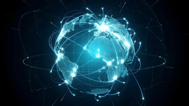 Futuristic animation of a digital globe with glowing data connections and network lines representing global communication and the internet. 4k video resolution