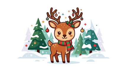 Cute cartoon Christmas reindeer illustration with festive ornaments on antlers, wearing a red and green striped scarf in a snowy winter forest with pine trees and snowflakes. © achmad