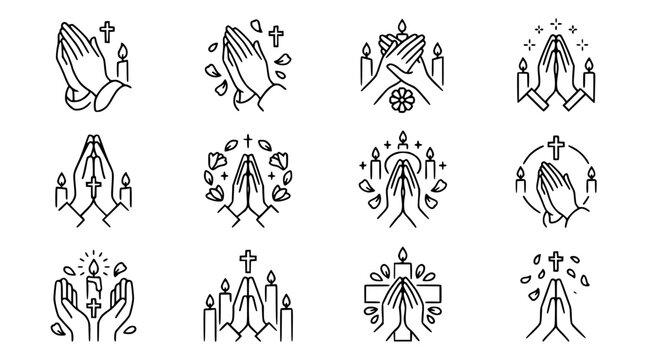 Praying Hands Icons Set: Faith, Hope, Worship, Candles, Cross, Isolated