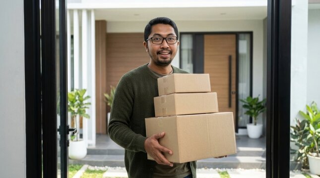 Asian man holding cardboard delivery boxes at his front door for online shopping home delivery