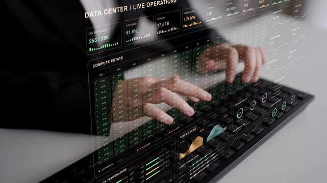 A person types. Data center operations bring cloud workloads and virtual machines together with network and storage checks, linking service activity to the health of infrastructure.