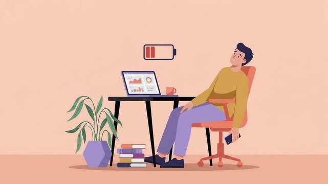 Exhausted worker sleeping at office desk with laptop and low battery symbol representing burnout