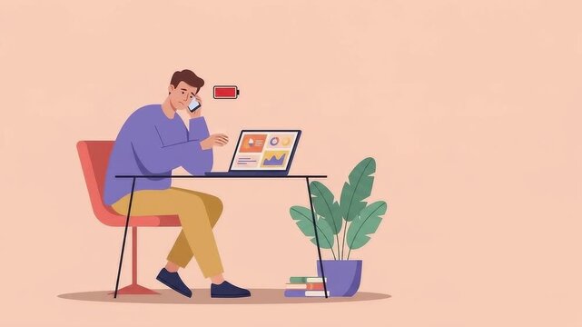 Tired businessman working on laptop and talking on phone with low battery icon representing burnout and fatigue vector illustration