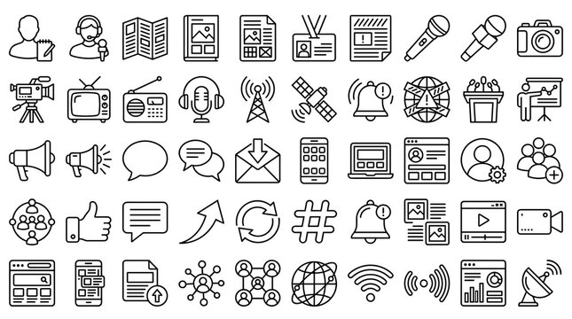 50 Mass Communication and Public Media Thin Line Icons Featuring Journalism News Broadcasting Social Networking Digital Content and Editable Strokes