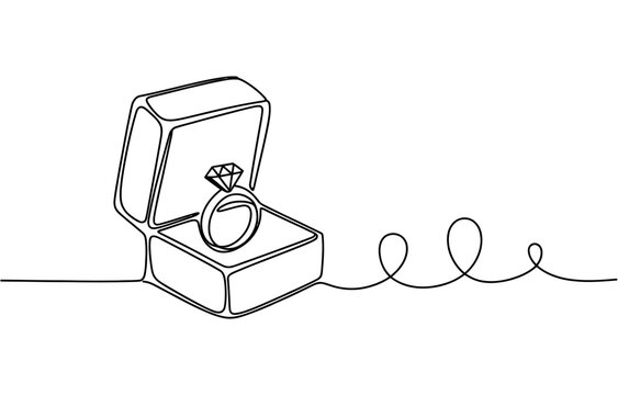Continuous single line drawing of an engagement diamond ring inside an open gift box