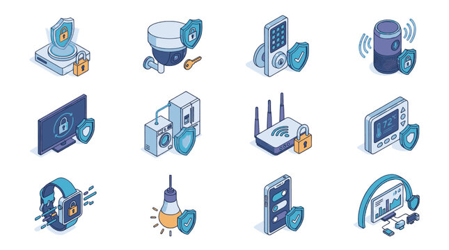 Set of isometric icons representing smart home security and technology devices.