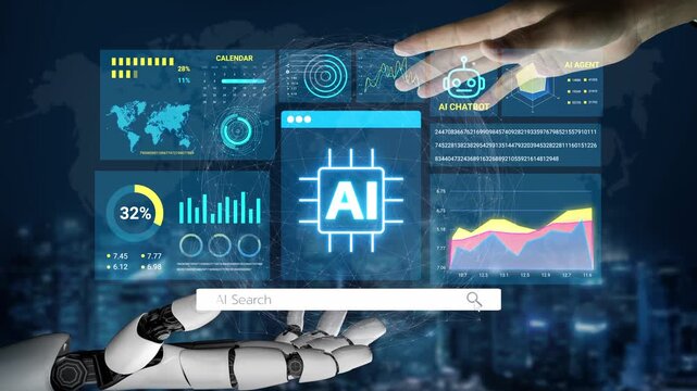 Futuristic AI Technology Interface with Hands of Robot and Human Interacting with Data Visualizations and Digital Elements. Entropy.