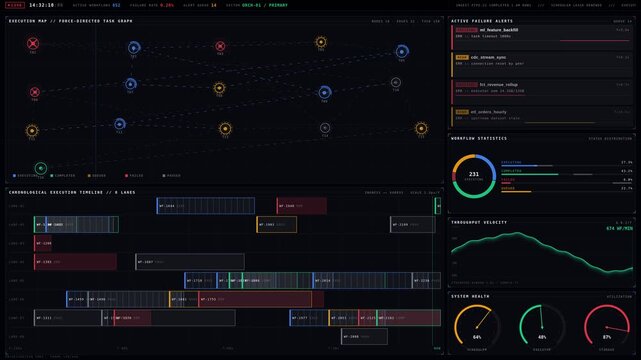 Immersive 4K dark tactical data workflow command center with real-time execution graphs, failure alerts, and live system health gauges for commercial creative technology and business use.