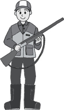 Vector hand drawn black and white line art front-view illustration of a hunter holding a gun for pest control