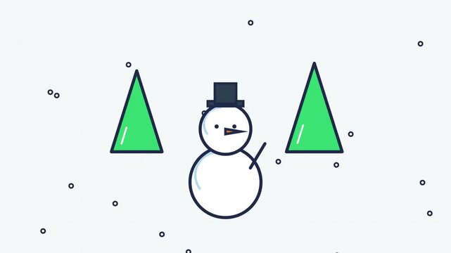 Vector motion graphics animation of a cute snowman being built with hat, carrot nose, and pine trees under falling snow, featuring a Happy Holidays greeting banner.