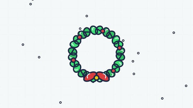 2D flat vector animation of a green pine Christmas wreath assembling in a circle with red berries and bow ribbon, featuring a Season's Greetings banner.