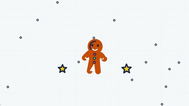 2D vector motion graphics animation of a cute gingerbread man cookie decorating itself with icing and buttons under falling snow with a Sweet Holidays banner.