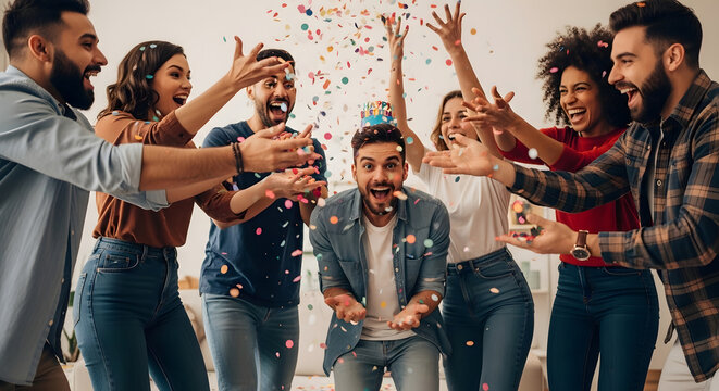 Joyful Friends Celebrating a Birthday Party with Confetti Falling Around Them